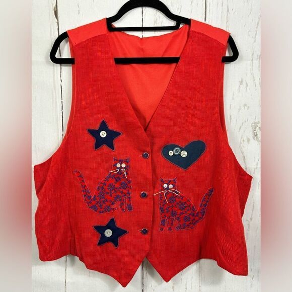 Handmade Vest Cats Stars Heart Patchwork Buttons - Picture 1 of 4
